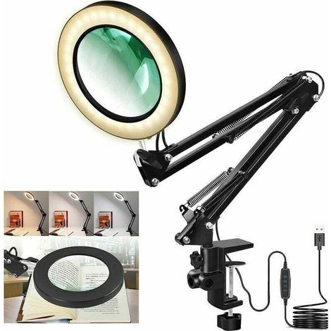 LED desk lamp with 5x magnification, 3 light colors, 10 adjustable brightness levels, USB-powered magnifying glass with adjustable swivel arm and clamp for crafts. (1/4)