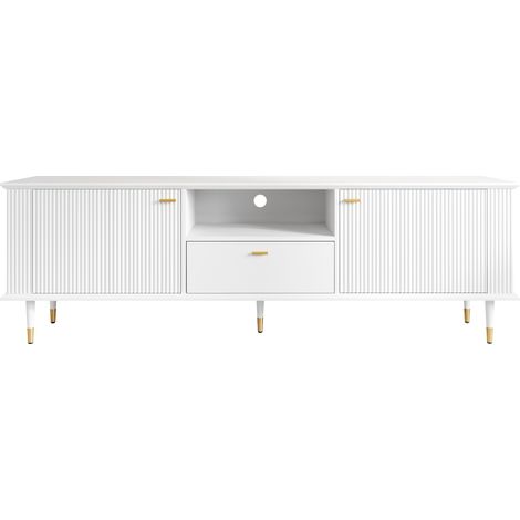 Mueble TV blanco de MDF con puertas, compartimento abierto y cajón, 170 x 36 x 54 cm (1/5)