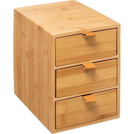 5Five Simply Smart – Boite de rangement en bambou 3 tiroirs – Dimensions 20x15x21 cm – Languettes en simili cuir – Rangement esthétique pour cosmétiques (1/5)