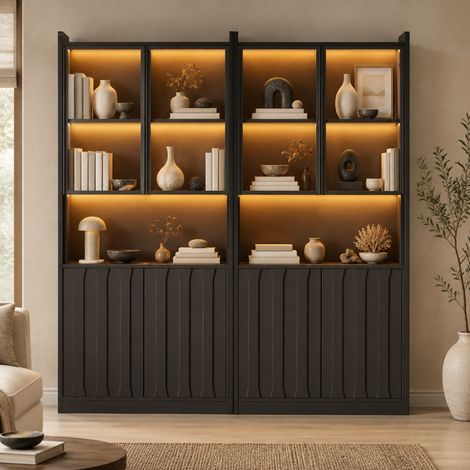 Vetrina da soggiorno con LED, set 2 mobili 160x35x200 cm, vetro temperato, nera OKMYHOME (1/5)