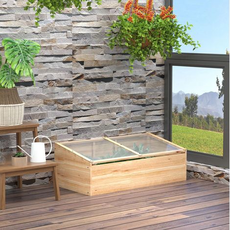Serra da giardino 100x50x35/26 cm, coperchio apribile e tetto inclinato, legno naturale e pannello in policarbonato (1/5)