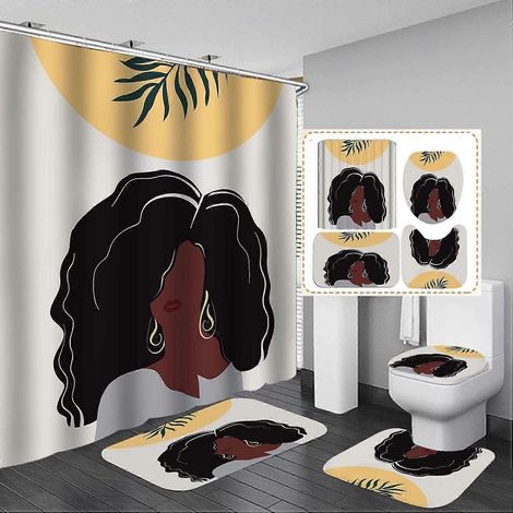 Ensemble de rideau de douche 4 pièces pour femmes afro-américaines, motif Tour Eiffel, léopard, rose et rose, style afro-américain, rideau imperméable et tapis antidérapant. (1/5)