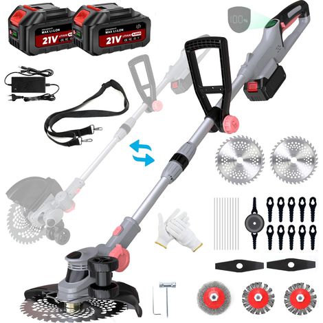 Débroussailleuse sans fil avec batterie et chargeur, 21 V pour batterie 21 V, avec 2 batteries de 4,0 Ah, coupe-bordures avec brosse anti-mauvaises herbes, tête pivotante à 90°, pour jardin (gris) (1/5)