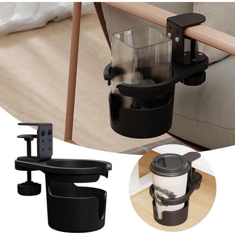 Un portabicchiere da scrivania, girevole a 180°, nero, universale, da posizionare sotto la scrivania, adatto anche per bottiglie d'acqua, caffè e altre bevande, con clip. (1/5)