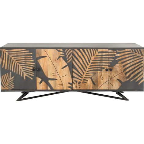 Buffet PLAYA 160 cm aus massivem Mangoholz – 4 dekorierte Türen und schwarzes Metallgestell (1/5)