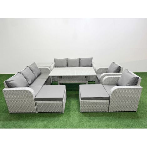 Fimous PE Rattan High Back Lounge Sofa Set Patio Rectangular Dining Table & Chairs Set with 3 Seater Sofa Reclining Chair 2 Big Footstool Side Table Light Grey (1/4)