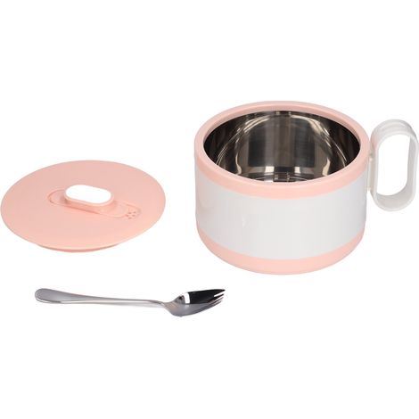 Bol Ramen Isolé Double Paroi en Acier Inoxydable avec Couvercle pour Bureau et Étudiants (Bol Rose + Cuillère 304)
