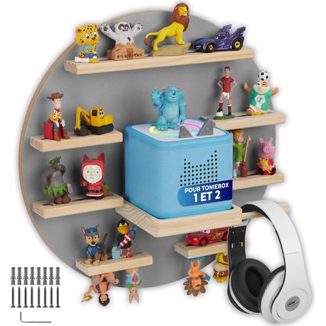 Étagère murale bois massif, pour 28 figurines, magnétique, gris (1/5)