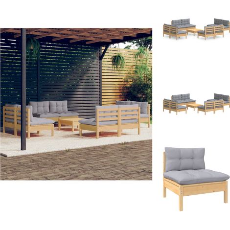 Gartenmöbel-Sets - Living 9-tlg. Garten-Lounge-Set mit Grauen Kissen Kiefernholz (1/5)