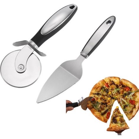 Set da 2 pezzi: rotella per pizza e pala per torte. Rotella e pala per pizza in acciaio inossidabile. Impugnatura antiscivolo. Facile da tagliare e da pulire. (1/5)
