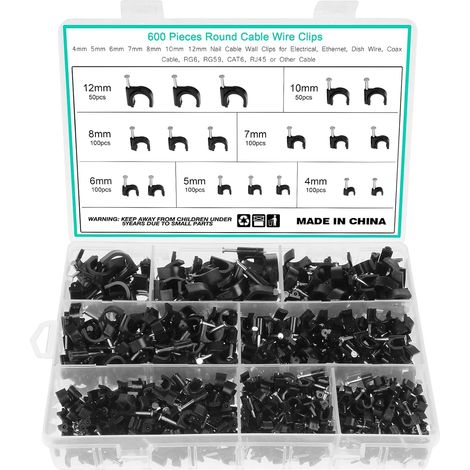Lot de 600 clips de câble en acier pour clous 4 mm 5 mm 6 mm 7 mm 8 mm 10 mm 12 mm Clips de câble pour fixation de câble (noir) (1/5)