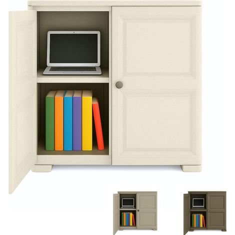 Armadietto basso in plastica effetto legno Beige a 2 ante – 79×43×85,5 cm - Mobile con 4 scomparti interni, ideale per organizzare oggetti in casa o a (1/5)