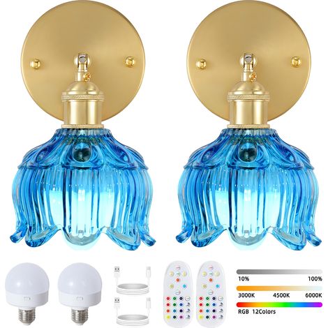 Lot de 2 appliques murales LED rechargeables avec télécommande, lampe de chevet sans fil, intensité variable, changement de couleur RVB, 3 000K-6 000K (1/5)