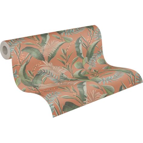 papier peint feuilles tropicales orange, rouge, vert, beige et rose - Livingwalls (1/5)