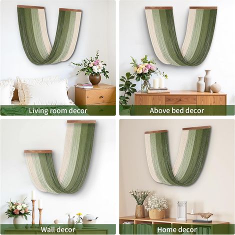 Grande tenture murale en macramé, décoration murale bohème pour chambre ou salon, tapisserie tendance, 40 x 195 cm, macramé vert. (1/3)