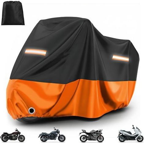 Housse Moto Extérieure Imperméable - Bâche de Protection XL Anti-UV & Anti-Poussière avec Trou pour Antivol Sangles Coupe-Vent Noir Orange 220×105×125cm (1/5)