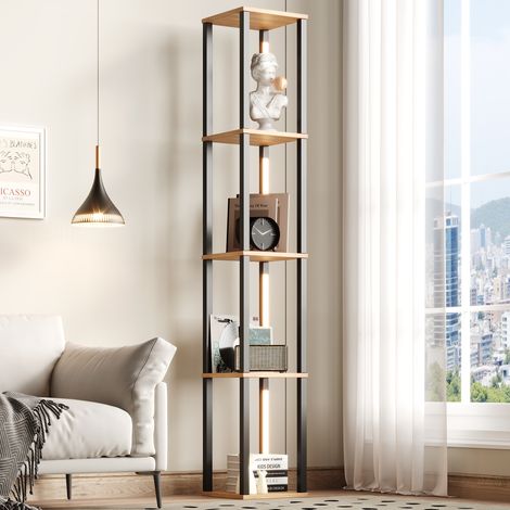 Estantería columna LED 26x26x165 cm de MDF, 4 niveles, iluminación ajustable, negro y acabado madera (1/5)