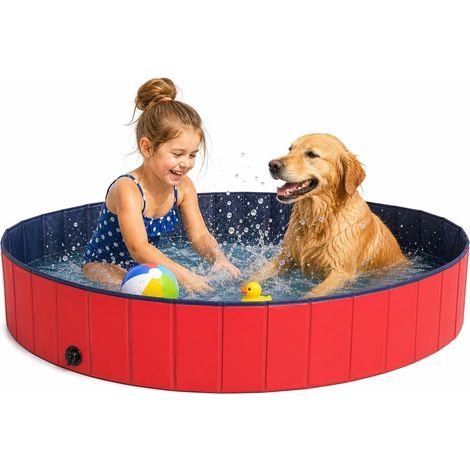 Foldable PVC Dog Pool, Scratch-Resistant, Ø 120 cm, Height 30 cm, Non-Slip Lining and Drain Plug (No Pump Required), Sturdy Children's Pool, Blue/Red (1/5)