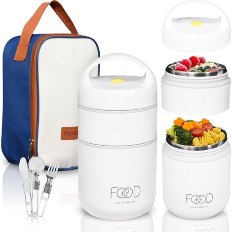 Boîte Repas Isotherme 680ml en Acier Inoxydable - Thermos Alimentaire 2 Compartiments pour Repas Chaud 12h/Froid 24h - Boîte Thermos pour Repas Chaud avec Sac, Couverts et Poche de Rangement