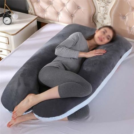 Coussin de Grossesse en Forme de U,Coussin Allaitement de Maternité Ergonomique,Soutient Tout Le Corps,Velours-GrisBleu,130x70cm (1/4)