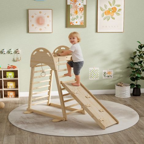 Triangle escalade Montessori 6 en 1 avec plateforme, anneaux, toboggan naturel bois