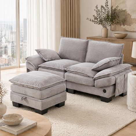 Divano 2 posti in corduroy grigio chiaro con pouf, USB-C e vano contenitore, 190 x 132 x 84 cm (1/5)