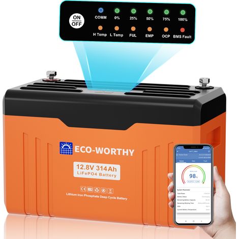 ECO-WORTHY LiFePO4 12V 314Ah Bluetooth Lithium Batterie mit Monitor-Anzeigelampe,200 BMS Niedrigtemperaturschutz, automatischer Ausfallalarm, 15000 Zyklen 4019Wh für Wohnmobile, Camping