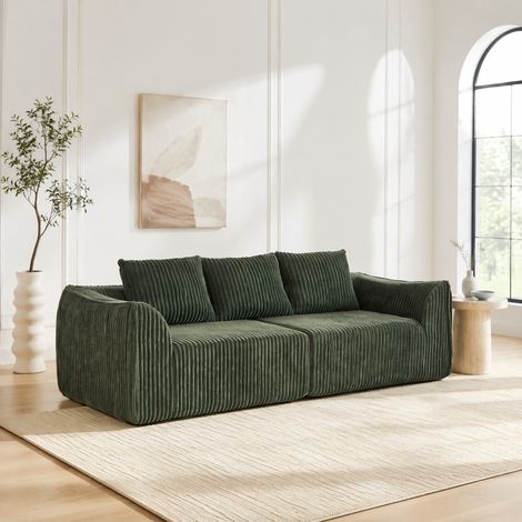 Sofa modulable en cord vert, lignes arrondies, dossier bas et 5 coussins, 235,5 cm (1/5)