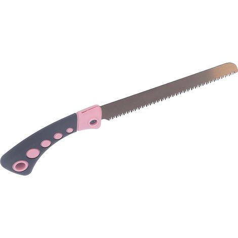 Pinkfarbene, einseitige, rutschfeste Handsäge mit gebogenem Griff zum präzisen Schneiden kleiner, feiner Holzteile und empfindlicher Komponenten. (1/5)