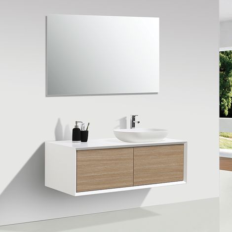 Stano. – Meuble sous vasque simple 120 cm – Blanc mat et chêne clair – Tiroir Push-Open – Design suspendu haut de gamme (1/5)