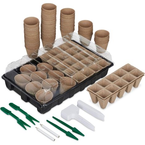Relaxdays Set Mini Serra con 131 Accessori, Coperchio Trasparente, Vassoio Forato per Semina, Semenzaio, Plastica, Nero