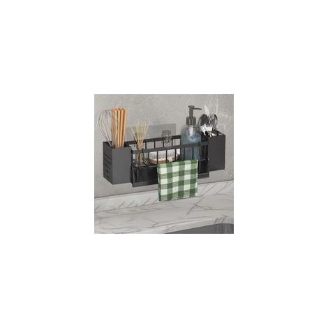 Organisateur d'évier de cuisine - Porte-éponge suspendu - Organiseur de lavabo avec porte-torchon et boîte de rangement, organisateur de lavabo en métal avec bac de vidange automatique - Sans