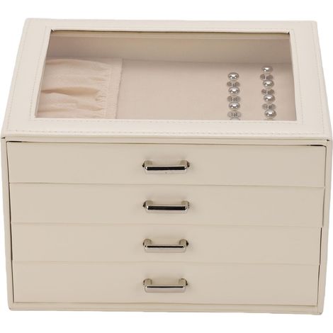 Women's Jewelry Box 20-Slot Transparent Window Tray, PU Leather Jewelry Organizer for Bedroom Vanity (Milky White) (1/5)