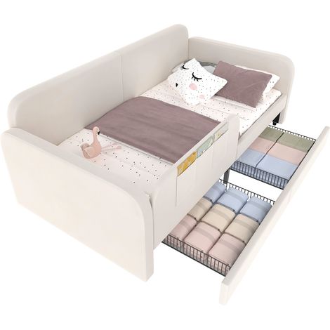 CHICFURN Cama infantil tipo casita 90x200 cm blanca de terciopelo, con almacenaje, sin colchón (1/5)