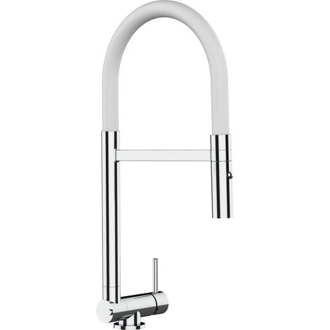 Rubinetto abbattibile a soli 4,5 cm, miscelatore cucina cromato per sottofinestra canna bianca movibile e doccia due getti staccabile (1/5)