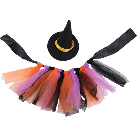 Déguisement Halloween pour Petit Animal - Lot de 2 Pièces Chapeau Sorcière et Jupe Ajustables en Feutre et Polyester Noir Violet (1/5)