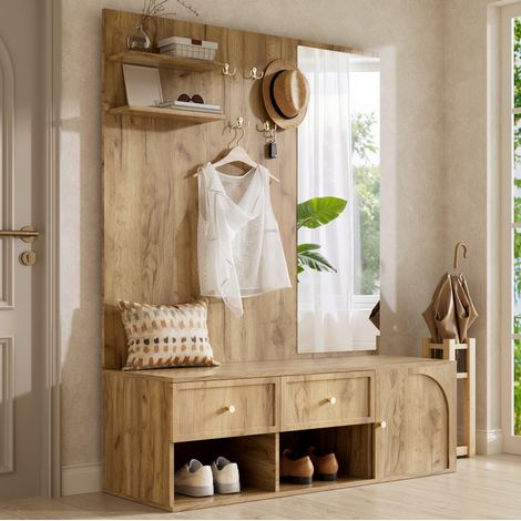 Ensemble vestiaire naturel avec miroir, 5 crochets, 2 tiroirs et rangements bas, 120x35x159 cm (1/5)