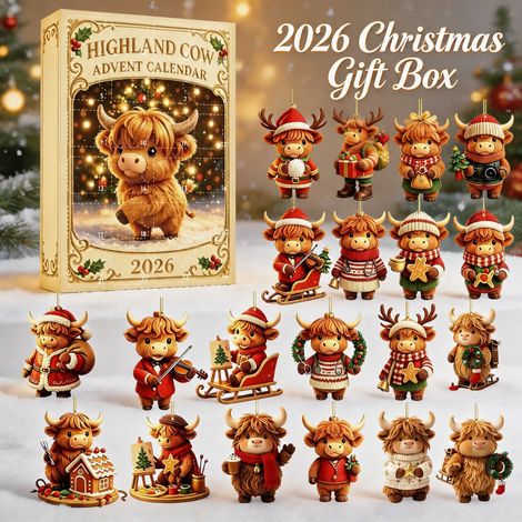 Adventskalender 2026 Hochlandrind – 24-teilig – braun-rot – Acryl – 6 cm groß – 2D-Hochlandrind-Anhänger – Weihnachtsbaumschmuck – Bauernhofmotiv – geeignet für Weihnachten und als Dekoration (1/5)