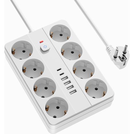 Multiprise 8 prises avec interrupteur, 4USB-A (2,4 A) et 2USB‑C (2,4 A). Avec câble d'extension, protection contre les surcharges et sécurité enfant. Convient pour le fonctionnement de plusieurs (1/5)