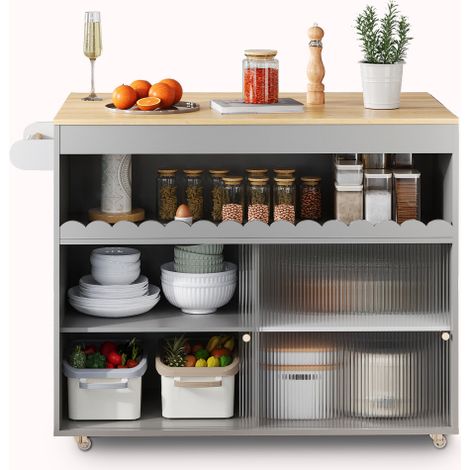 Console de cuisine mobile dessus en bois avec portes en verre ondulé dimensions 110×46×91cm rangement multi-niveaux roulettes pivotantes pour aménagement cuisine domestique (1/5)