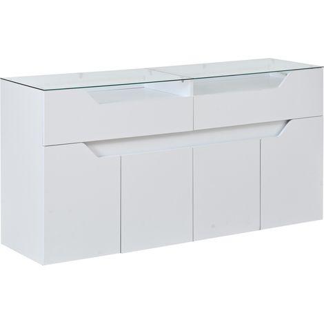 Buffet blanc en MDF avec plateau en verre trempé, 140x40x70 cm, 2 tiroirs, pour salle à manger et salon (1/5)