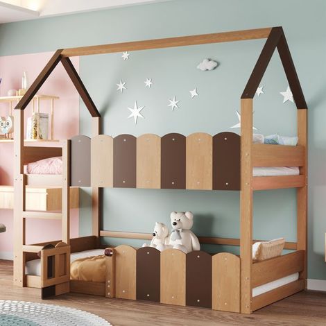 Cama litera infantil 90x200 cm, en forma de casa con barreras de seguridad elevadas, cama infantil, Color madera