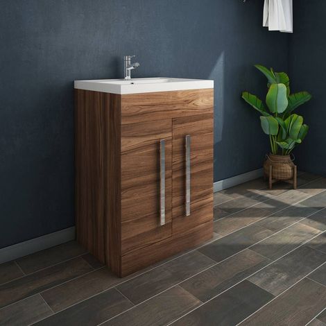 NRG Walnut Bathroom Furniture Storage Cabinet Freestanding Vanity Unit & Basin - 600mm (1/5)