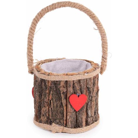 Cestini per San Valentino in legno effetto corteccia con manico rigido in corda e cuore rosso decorativo, set da 9 pezzi, Ø11,5cmx10H (con manico21)