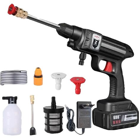 Pistolet nettoyeur haute pression électrique sans fil, batterie 30 000 mAh, puissance 1 500 W, tuyau de 5 m, 2 buses, réservoir à mousse (1/4)