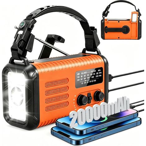 20000 mAh Emergency Radio, AM/FM/NOAA Solar Hand Crank Radio, with Mobile Phone Charger, SOS Alarm, Flashlight and Reading Light for Emergencies, Hurricanes, Camping (Orange)