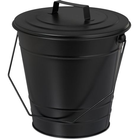Secchio per cenere tondo con coperchio 30 x 30 x 30 cm uso camino facile trasporto stile pulito in ferro nero 130016367