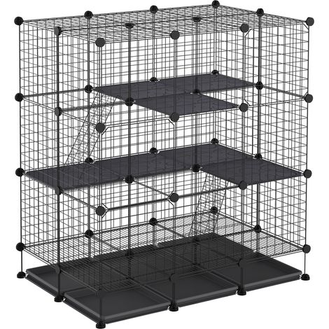 Enclos modulaire pour rongeurs (aire de jeux/parcours), dimensions : L 111 x l 75 x H 119 cm, 3 niveaux, 4 portes, grillage noir (1/5)