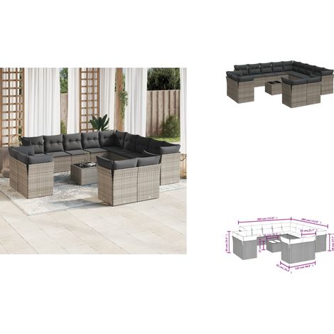 14-tlg. Garten-Sofagarnitur mit Kissen Grau Poly Rattan - Gartenmöbel Set - PE-Rattan Möbel - Outdoor Sofa - Esstisch - Lounge Garnitur (1/3)