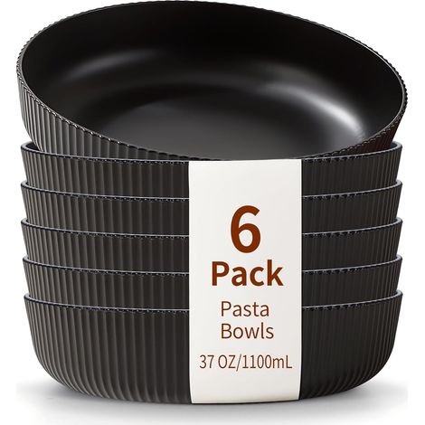 Bols à Pâtes Ensemble de 6, Assiettes Creuses, Bols à Salade de 1100 ml Bols à Soupe Noir, Grands Bols de Service Pour Pâtes, Bols en Plastique Incassables, Lavable au Lave-Vaisselle(Noir) (1/5)